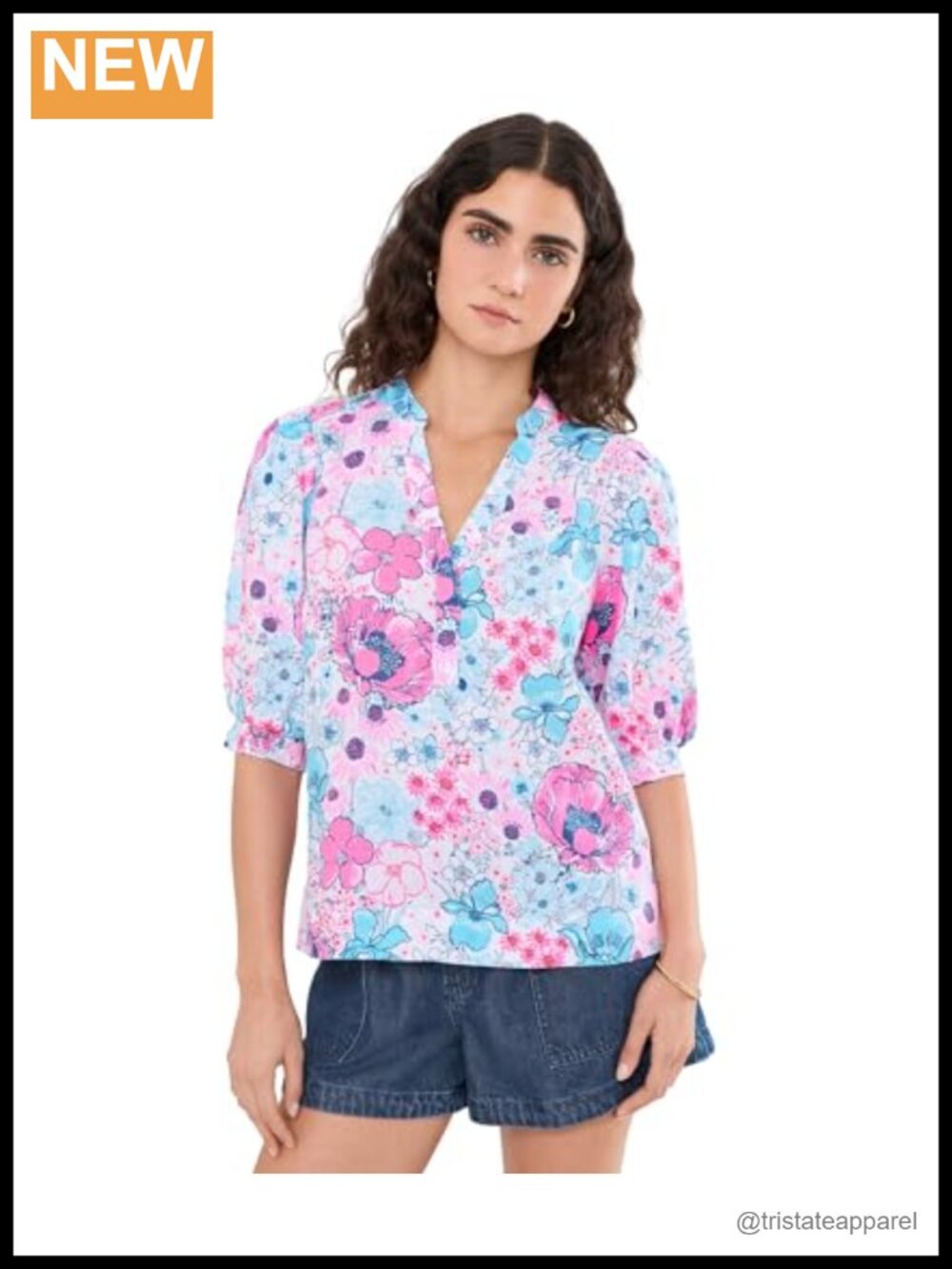 Lilly Pulitzer Linen Top Elbow Sleeve Notch Neck Floral Blouse